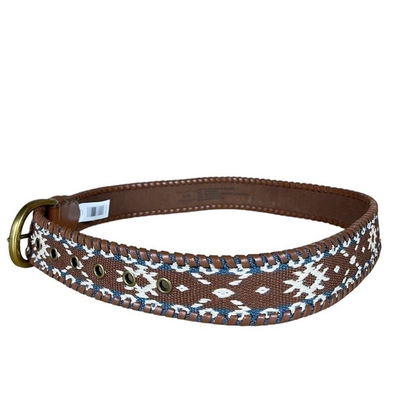 American Eagle Boho Embroidered Buff Leather Brown Belt Medium - Picture 3 of 8